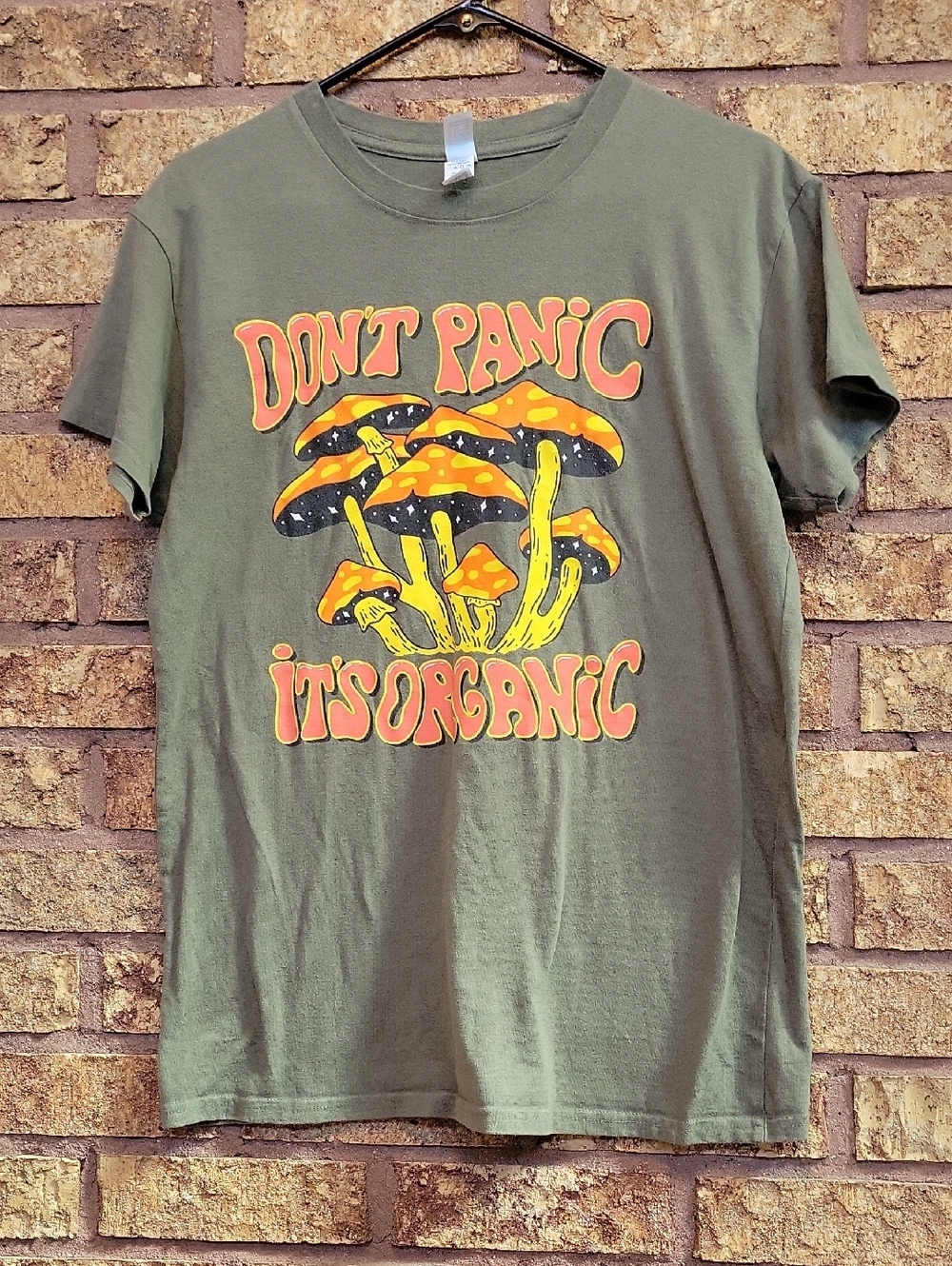 Brisco Brands "Dont Panic Its Organic" Graphic Tee Size Medium Green